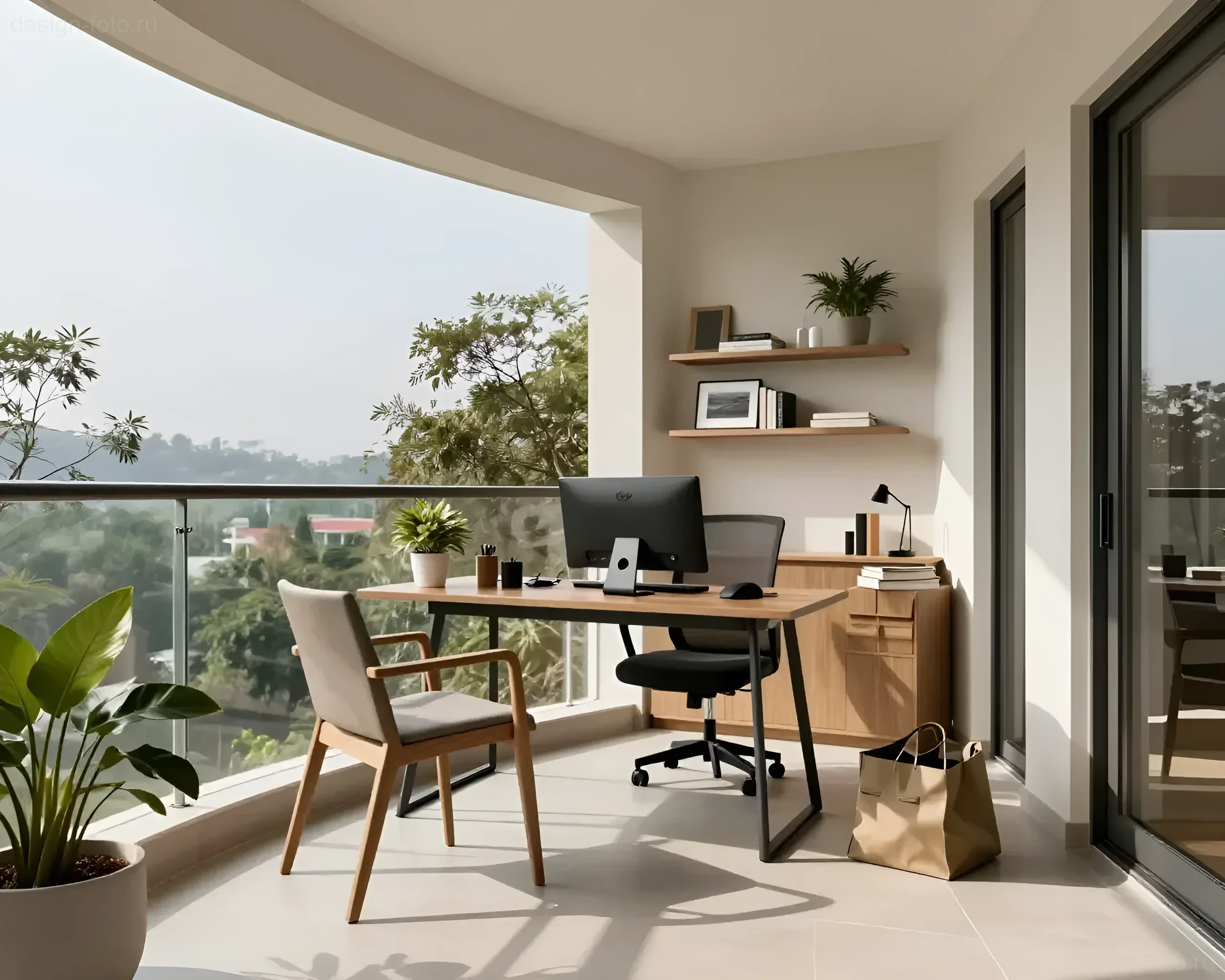Espace de travail confortable sur un balcon vitré avec vue sur la verdure, table en bois, chaise ergonomique et étagères avec décoration.